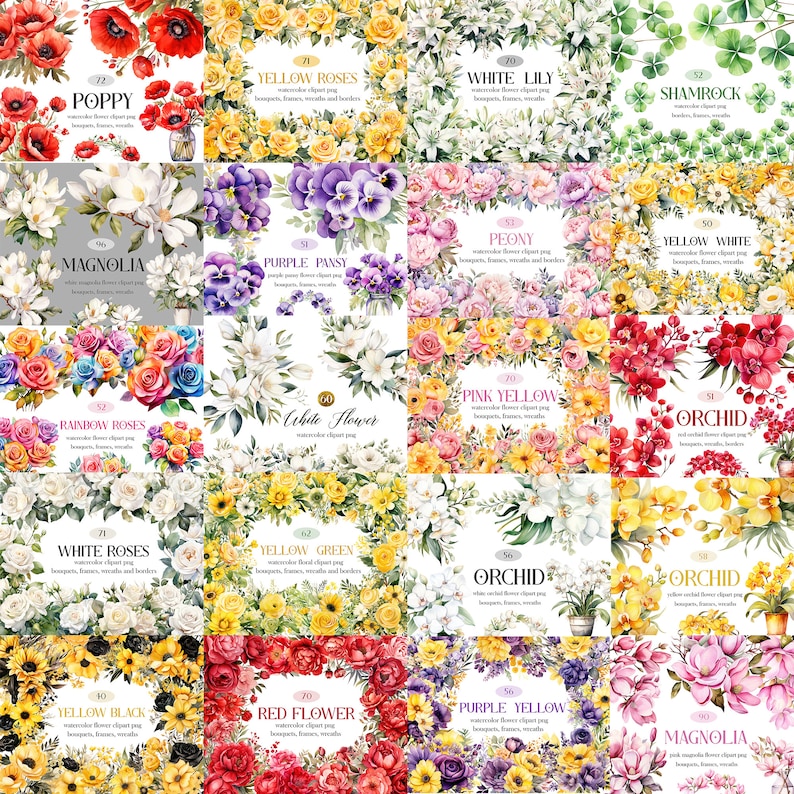 Blomma Clipart Bundle, Akvarell Blommig Clipart, Blomma PNG Bundle, Sublimering, Blombukett, Krans, Digital Nedladdning bild 3