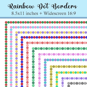 Może przedstawiać: Kolorowe cyfrowe obramowania z tęczowym wzorem w kropki. Obraz zawiera tekst "Rainbow Dot Borders" oraz wymiary 8,5x11 cali i panoramiczny 16:9.