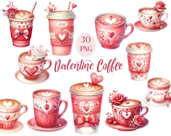 Valentine Coffee Clipart, Watercolor Red Valentine Coffee PNG Bundle, Valentine Day Clipart, Coffee Sublimation, Valentine Drink