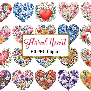 May include: A collection of colorful floral heart designs. Each heart is filled with various flowers and foliage in shades of red, pink, blue, yellow, and purple. The image includes the text "Floral Heart 60 PNG Clipart".