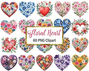 Floral Heart PNG, Watercolor Flower Heart Clipart, Valentine, Digital Download