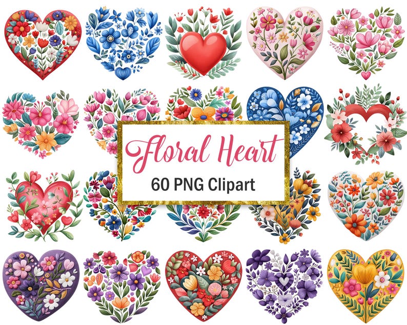May include: A collection of colorful floral heart designs. Each heart is filled with various flowers and foliage in shades of red, pink, blue, yellow, and purple. The image includes the text "Floral Heart 60 PNG Clipart".