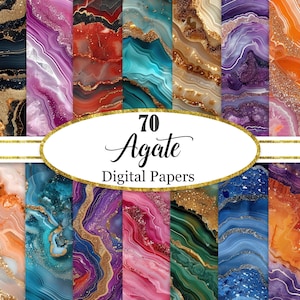 May include: A collection of 70 digital agate papers with a variety of colors and textures. The papers feature swirling patterns in shades of blue, purple, red, orange, and green, with gold accents. The text "70 Agate Digital Papers" is displayed in a gold oval.