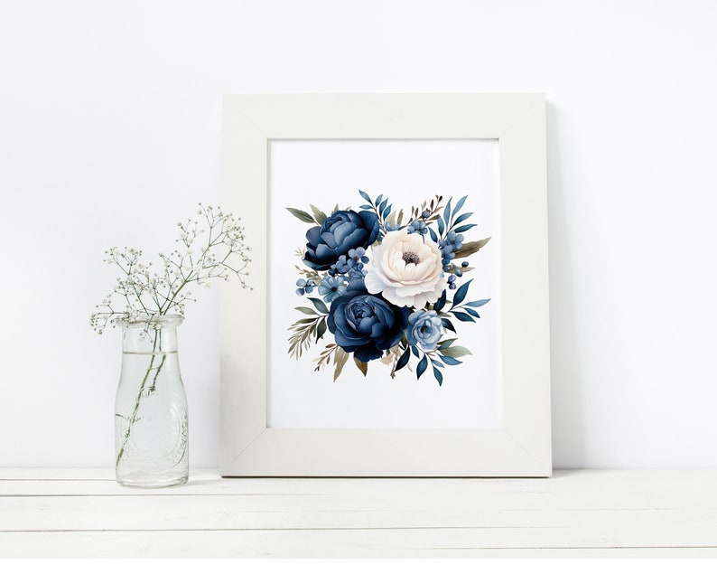 May include: A white framed print featuring a watercolour illustration of a bouquet of blue and white flowers. The flowers are arranged in a cluster and have a vintage feel.