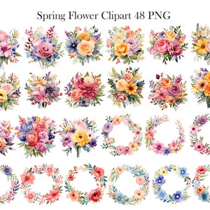 May include: A set of 48 watercolor spring flower clipart images. The images include bouquets of flowers in various colors, including pink, yellow, purple, and red. There are also wreaths of flowers in various colors.