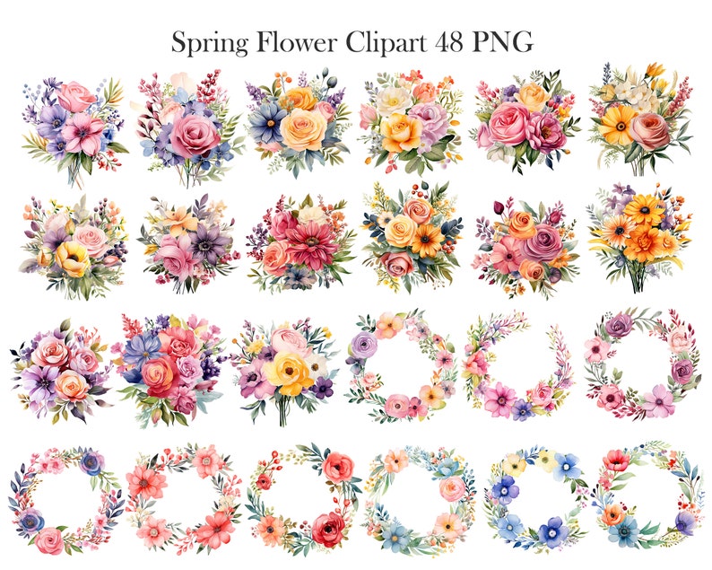 May include: A set of 48 watercolor spring flower clipart images. The images include bouquets of flowers in various colors, including pink, yellow, purple, and red. There are also wreaths of flowers in various colors.