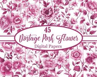 Vintage Pink Flower Digital Paper, Pink Floral Background, Spring Flower, Scrapbook Paper, Digital Download