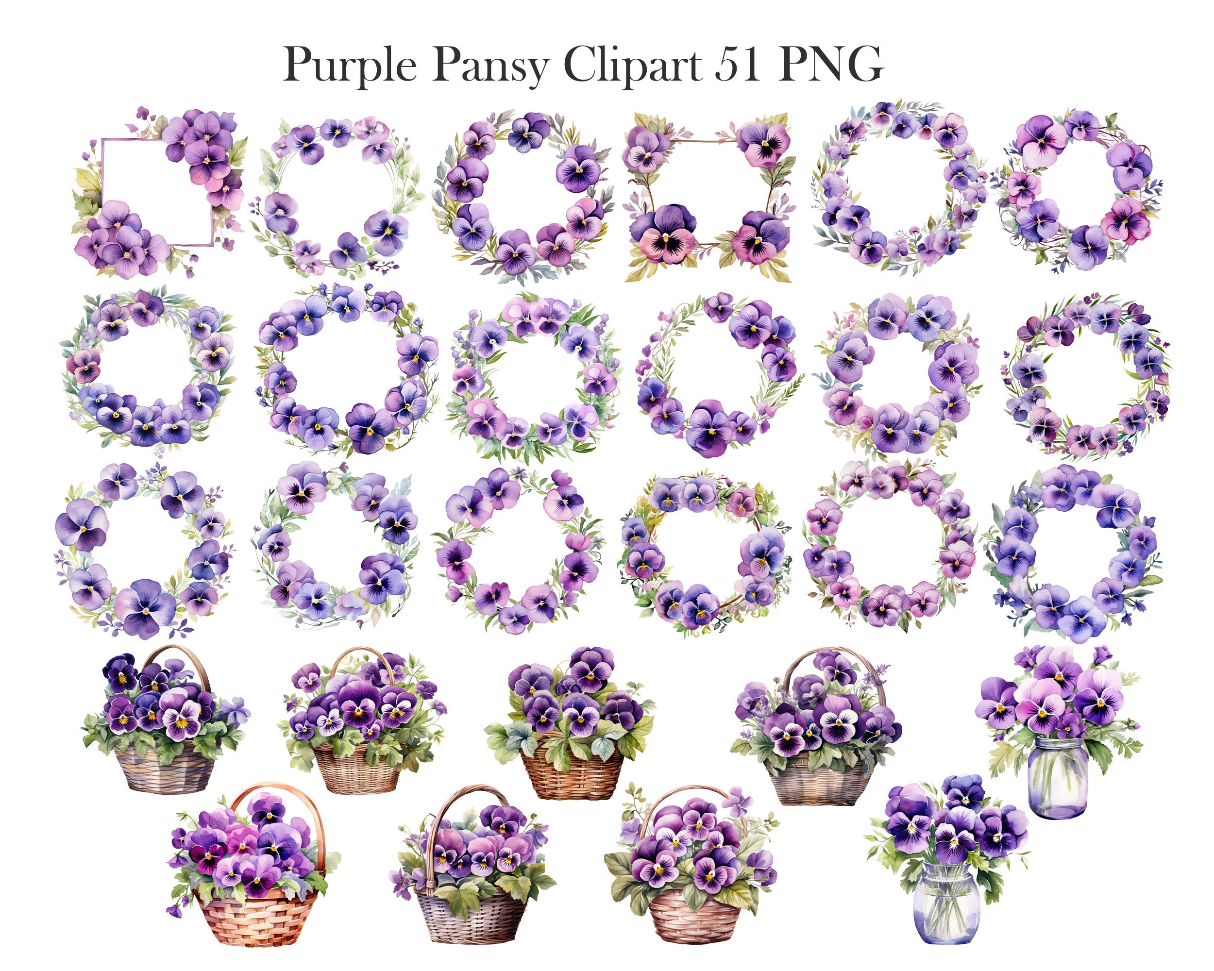 Purple Pansy PNG, Watercolor Pansy Clipart Bundle, Purple Flower ...