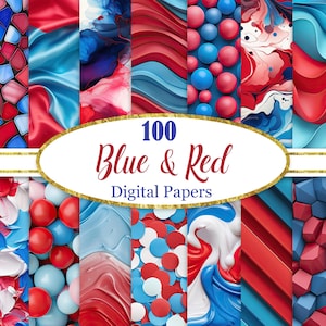 May include: A digital paper pack with 100 different designs featuring red and blue colors. The designs include geometric patterns, abstract shapes, and textures.