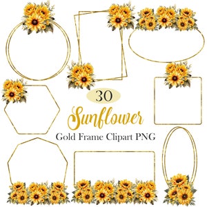Puede incluir: 30 imágenes PNG de clipart de marco dorado con girasoles. Un conjunto de clipart digital con marcos dorados y girasoles de acuarela. Los marcos son de varias formas, incluyendo círculos, cuadrados, hexágonos y óvalos.