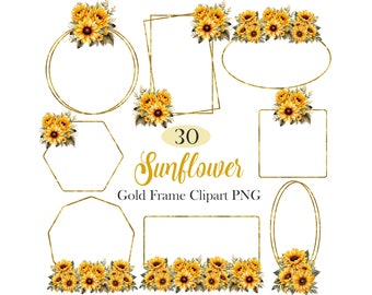 Sunflower Frame PNG, Watercolor Sunflower Gold Frame Clipart, Summer Flower, Digital Download