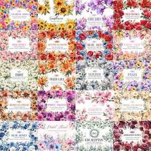 Blomma Clipart Bundle, Akvarell Blommig Clipart, Blomma PNG Bundle, Sublimering, Blombukett, Krans, Digital Nedladdning bild 2