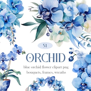 Blue Orchid PNG, Watercolor Orchid Clipart Bundle, Blue Flower Bouquet Wreath Clipart, Orchid Sublimation