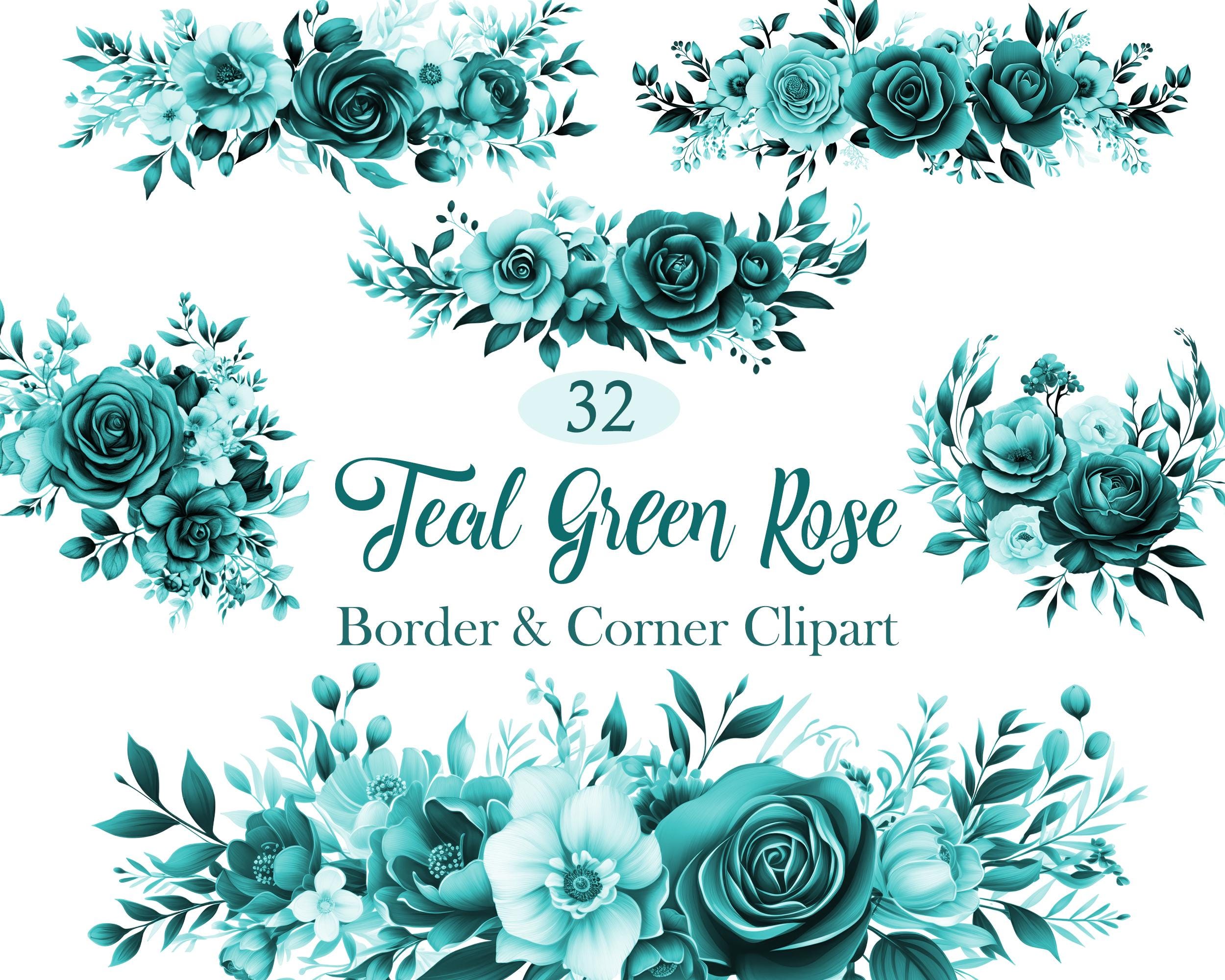 Teal Roses Digital Teal Green Rose PNG, Watercolor Green Flower Clipart, Rose Corner ...