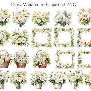 May include: A set of 62 watercolour clipart images featuring white daisies in various arrangements. The daisies are depicted in bouquets, wreaths, and baskets, with some featuring a white square frame. The images are perfect for adding a touch of spring and summer to your designs.