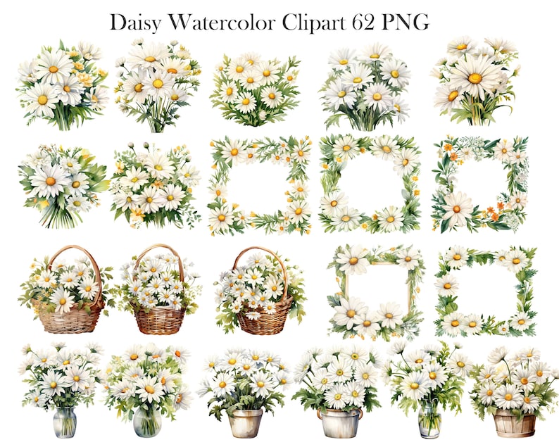 May include: A set of 62 watercolour clipart images featuring white daisies in various arrangements. The daisies are depicted in bouquets, wreaths, and baskets, with some featuring a white square frame. The images are perfect for adding a touch of spring and summer to your designs.