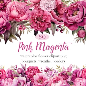Rosa Magenta Blume PNG, Aquarell Rosa Blumen Clipart Bundle, Frühlingsblume, Hochzeitsstrauß, Kranz, Blumensublimation, digitaler Download