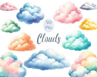 Cloud Clipart, Watercolor Cloud PNG Bundle, Nursery Clipart, Pastel Clouds, Digital Download