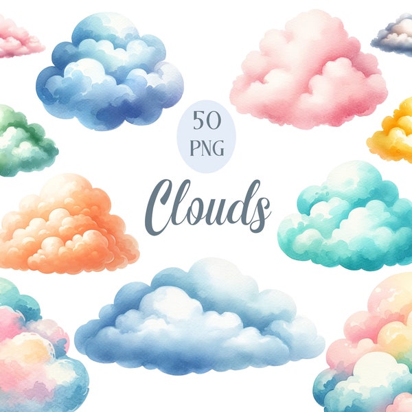 Cloud Clipart, Watercolor Cloud PNG Bundle, Nursery Clipart, Pastel Clouds, Digital Download