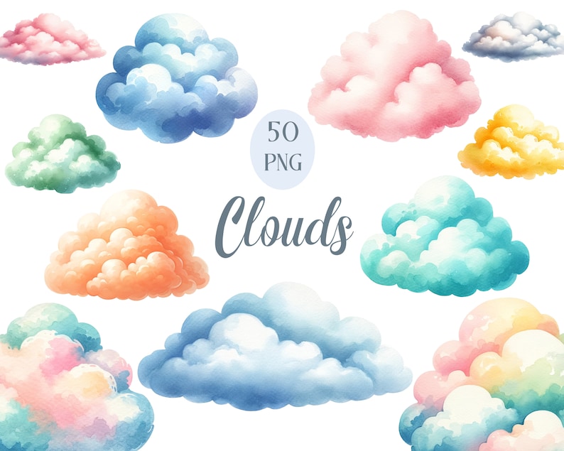 Puede incluir: Un conjunto de 50 nubes de acuarela en varios colores, incluyendo azul, verde, rosa, naranja y amarillo. Las nubes est&aacute;n pintadas en un estilo suave y caprichoso y son perfectas para agregar un toque de fantas&iacute;a a cualquier proyecto.