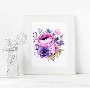 May include: A watercolor painting of a bouquet of pink and purple flowers. The flowers are arranged in a loose, natural style, and the colors are soft and delicate.