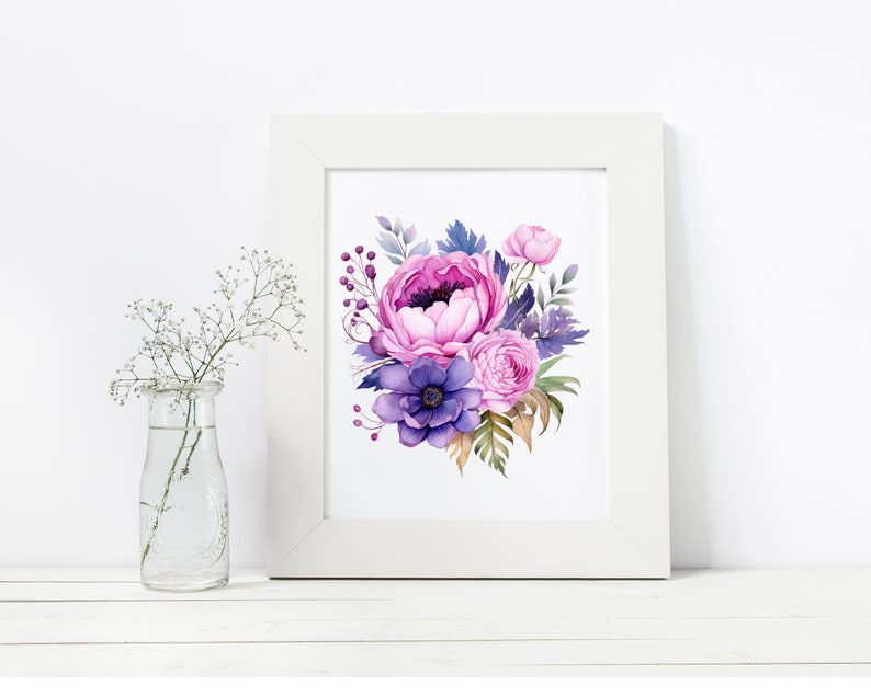 May include: A watercolor painting of a bouquet of pink and purple flowers. The flowers are arranged in a loose, natural style, and the colors are soft and delicate.