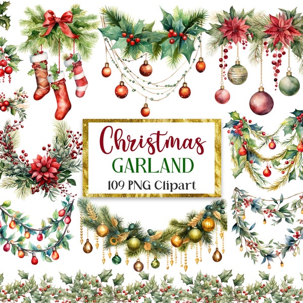 Christmas Garland PNG Clipart, Christmas Border Clipart, Christmas Light, Poinsettia Border, Christmas Sublimation, Christmas Ornament PNG