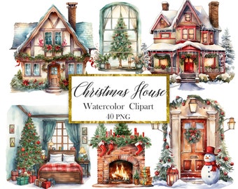 Imágenes prediseñadas de casas navideñas, paisajes navideños, descarga digital
