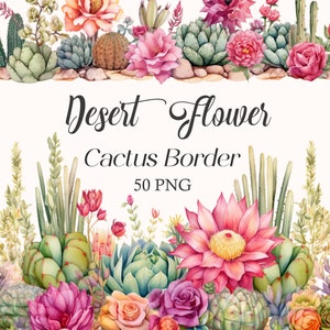 Borde de cactus con flores del desierto (PNG), paquete de imágenes prediseñadas de flores del desierto en acuarela, cactus (PNG), planta, borde suculento, marco, descarga digital