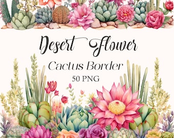 Bordure PNG de cactus fleur du désert, aquarelle fleur du désert Clipart Bundle, cactus PNG, plante, bordure succulente, cadre, téléchargement numérique