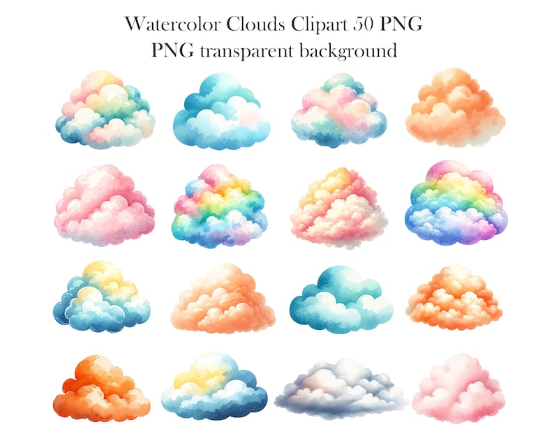 Puede incluir: Conjunto de 20 ilustraciones de nubes de acuarela en varios colores, incluyendo rosa, azul, naranja y arco&iacute;ris. Las nubes est&aacute;n aisladas sobre un fondo transparente. Watercolor Clouds Clipart 50 PNG PNG transparent background.