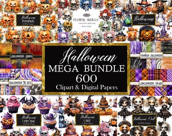 Halloween Clipart Bundle, Watercolor Halloween PNG Bundle, Halloween Digital Paper, Scrapbooks, Spooky PNG, Sublimation