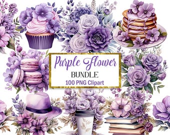 Purple Flower PNG Bundle, Watercolor Purple Floral Clipart, Flower Bouquet, Wreath, Spring, Rose, Digital Download