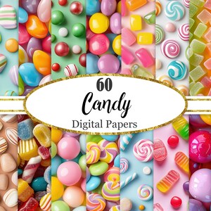 Pode incluir: Uma colagem vibrante de doces coloridos, incluindo bolas de chiclete, pirulitos e doces de gelatina. A imagem apresenta uma variedade de formas e cores, com o texto "60 Candy Digital Papers" no centro. Os doces são dispostos em fileiras verticais.