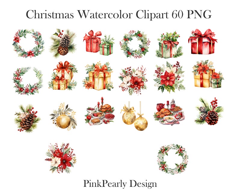 Puede incluir: Un conjunto de 60 im&aacute;genes de clipart de Navidad en acuarela. Las im&aacute;genes incluyen coronas, regalos, adornos, poinsettias, pi&ntilde;as y otros elementos festivos. Las im&aacute;genes son perfectas para crear tarjetas de felicitaci&oacute;n, invitaciones y otras manualidades.