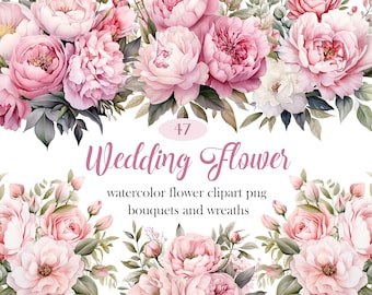 Wedding Flower PNG, Watercolor Pink Floral Clipart Bundle, Flower Sublimation, Bouquet, Wreath, Spring Floral, Digital Download