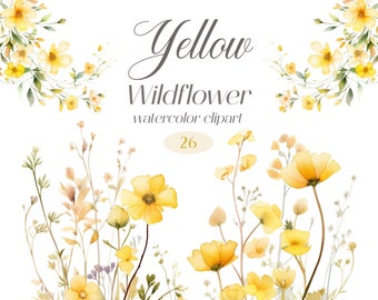 Yellow Wildflower Clipart, Watercolor Floral Clipart Bundle, Flower Border, Spring Floral, Wildflower PNG, Digital Download