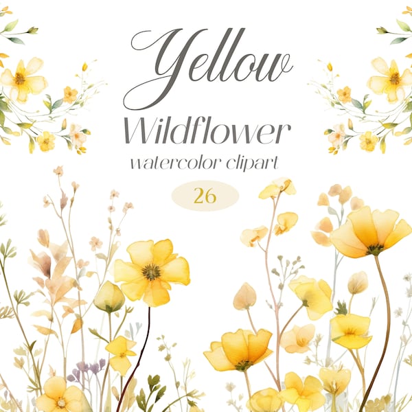 Yellow Wildflower Clipart, Watercolor Floral Clipart Bundle, Flower Border, Spring Floral, Wildflower PNG, Digital Download