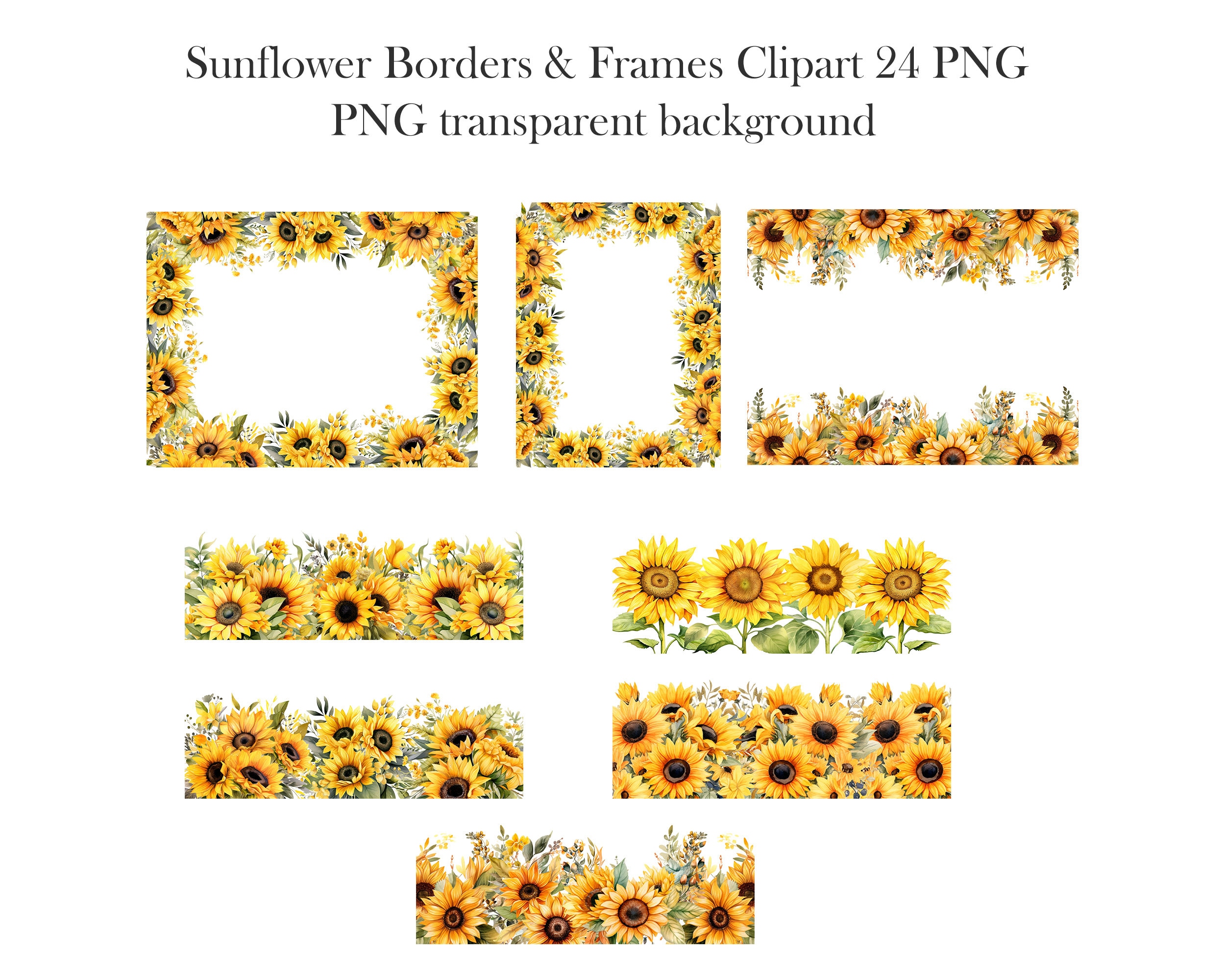 Sunflower Borders Clipart, Watercolor Sunflower Frame Clipart, Flower ...