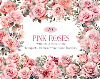 May include: 70 watercolor clipart png images of pink roses in bouquets, frames, wreaths and borders.