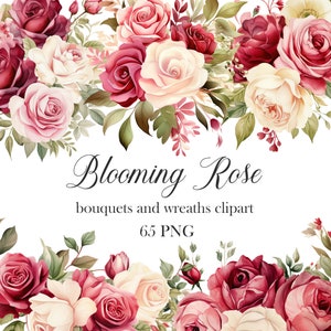 Roos png, aquarel rode roos clipartbundel, rozenhoek, bloeiende bloem, bruidsboeket, krans, lentebloemen, digitale download
