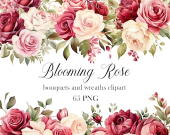 Rose PNG, Watercolor Red Rose Clipart Bundle, Rose Corner, Blooming Flower, Wedding Bouquet, Wreath, Spring Floral, Digital Download