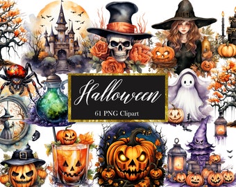 Halloween PNG, Watercolor Halloween Clipart Bundle, Spooky, Halloween Sublimation, Digital Download