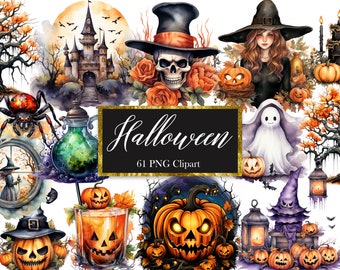 Halloween PNG Watercolor Clipart, Spooky Bundle, Trick or Treat, Witch, Jack O Lantern, Ghost, Spider