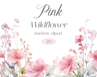 Roze wilde bloemen clipart, aquarel bloemen clipartbundel, bloemenrand, lentebloemen, wilde bloemen png, lijst bloemen, digitale download