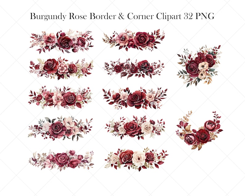 May include: Watercolor clipart featuring burgundy rose borders and corner designs. The floral arrangements include roses, leaves, and other flowers in shades of burgundy, cream, and pink. The text "Burgundy Rose Border & Corner Clipart 32 PNG" is at the top.