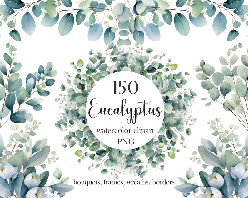May include: A digital illustration of 150 watercolor eucalyptus clipart images. The images are PNG format and include bouquets, frames, wreaths, and borders.
