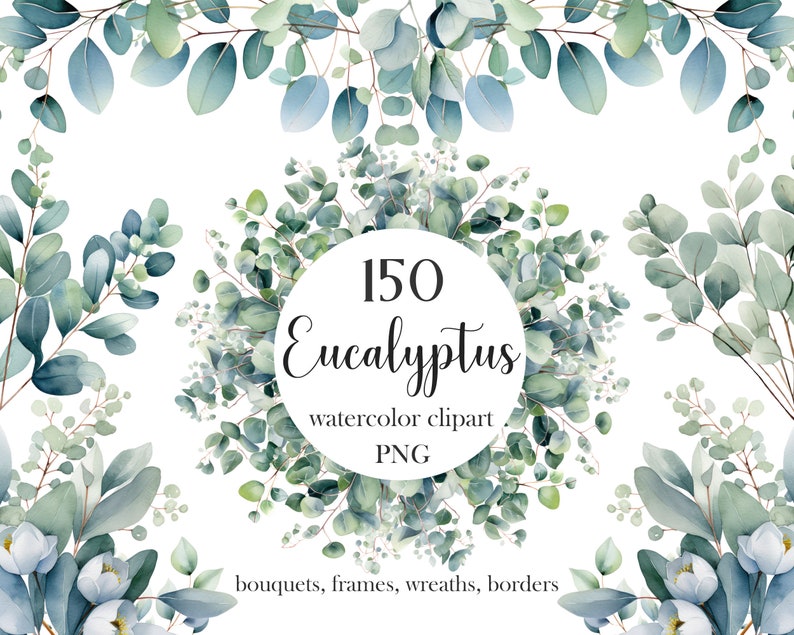 Eucalyptus PNG, Watercolor Eucalyptus Clipart Bundle, Greenery Clipart, Green Leaves, Eucalyptus Border Wreath, Wedding Clipart, Foliage image 8