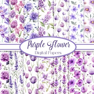 Pacchetto di carta digitale con fiori viola, pacchetto di sfondi con fiori ad acquerello, carte per scrapbooking, diario spazzatura, fiori primaverili, download digitale