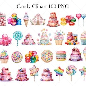May include: A set of 100 watercolor clipart images featuring various candy and sweets, including lollipops, cupcakes, cakes, and candy jars. The images are perfect for creating party invitations, scrapbooking, and other craft projects.